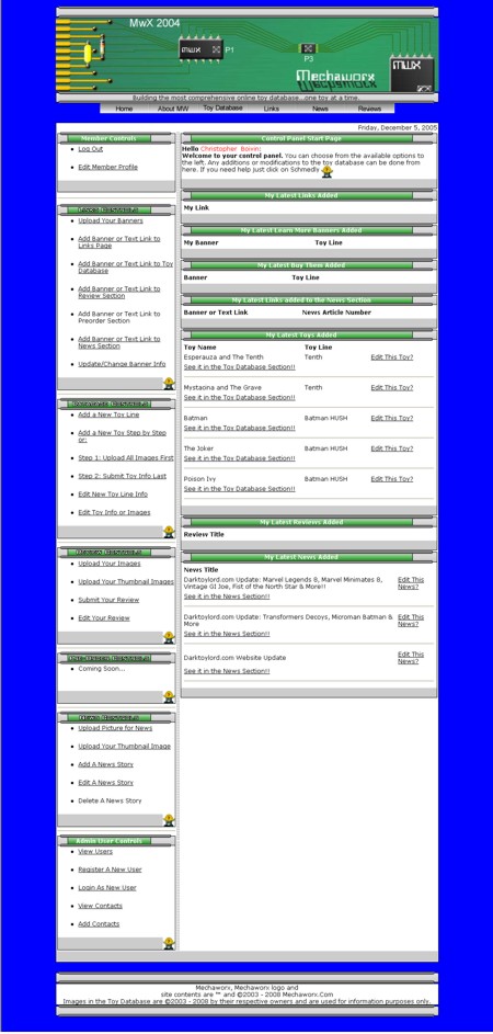 Mechaworx Control Panel Home Page