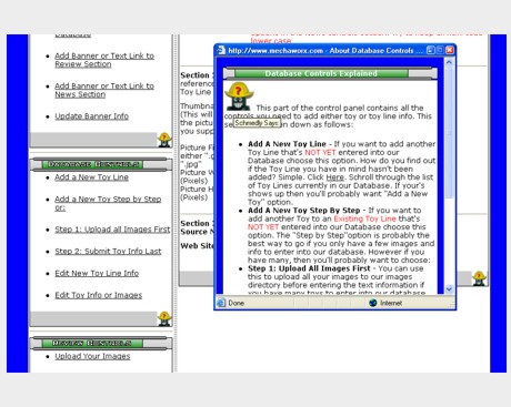Mechaworx Control Panel Pop-up help