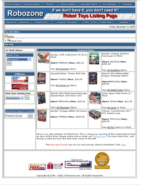 Robozone Robot Toys Index Page